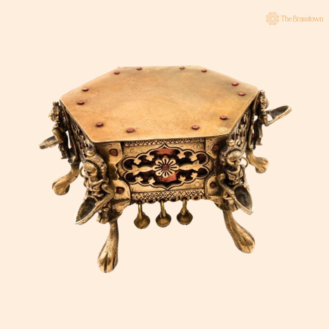Antique Hexagonal Brass Pooja Pedestal – A Symbol of Divine Grace 5 Inch