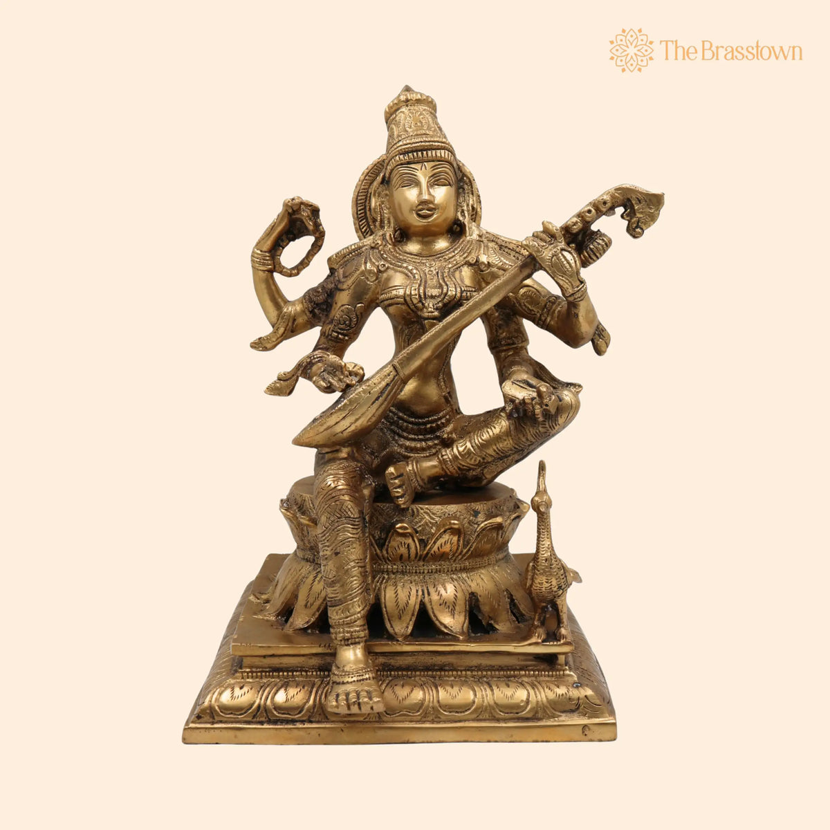Brass Saraswati Idol – Handcrafted Maa Sharada Vagdevi Murti, Veena Pustak Dharini Statue, Hindu Goddess of Knowledge, Wisdom, Learning &amp; Art 12 Inch 1