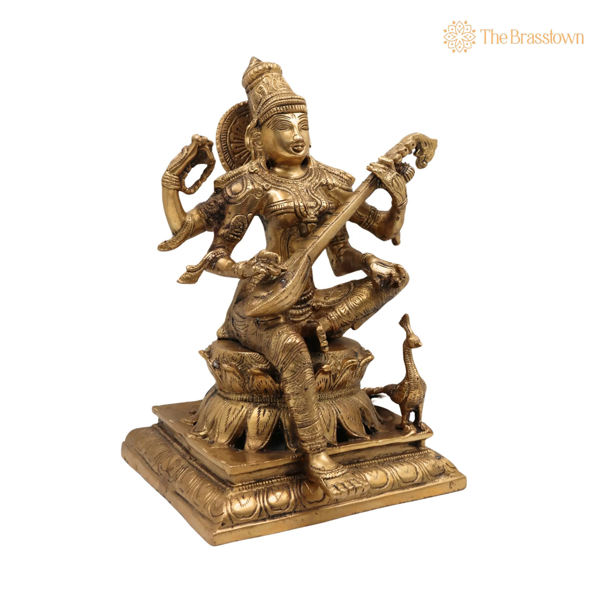 Brass Saraswati Idol – Handcrafted Maa Sharada Vagdevi Murti, Veena Pustak Dharini Statue, Hindu Goddess of Knowledge, Wisdom, Learning &amp; Art 12 Inch 2