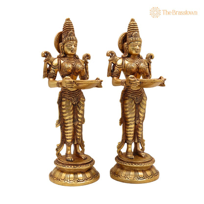 Brass Deepalakshmi Diya Set – Handcrafted Deepam Lady Lakshmi Idol, Deep Laxmi Brass Oil Lamp, Traditional Pital Deepam Figurine 11.5 Inch 2