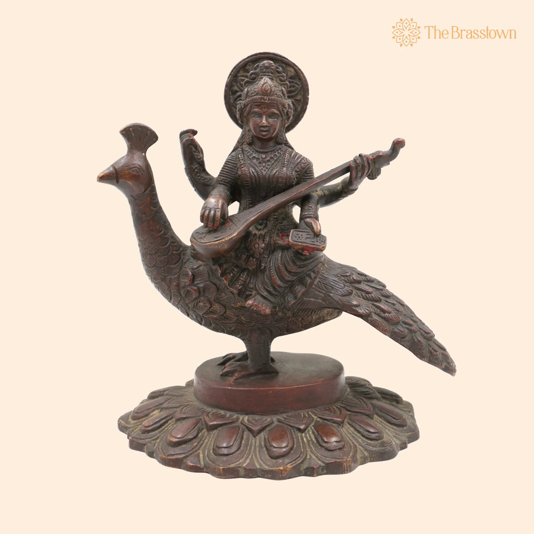 Brass Goddess Saraswati Idol – Handcrafted Sharada, Vagdevi, Veena Pustak Dharini Murti, Knowledge, Wisdom &amp; Learning Statue for Home, Temple 7 Inch 1