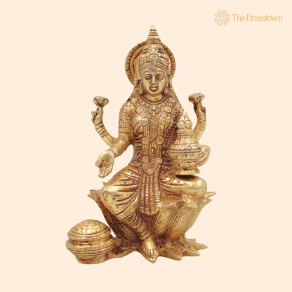Brass Lakshmi Mata Idol – Handcrafted Maha Laxmi Ji Murti Sitting on Lotus for Home Temple, Pooja Décor, and Spiritual Vigraha 7 Inch 1