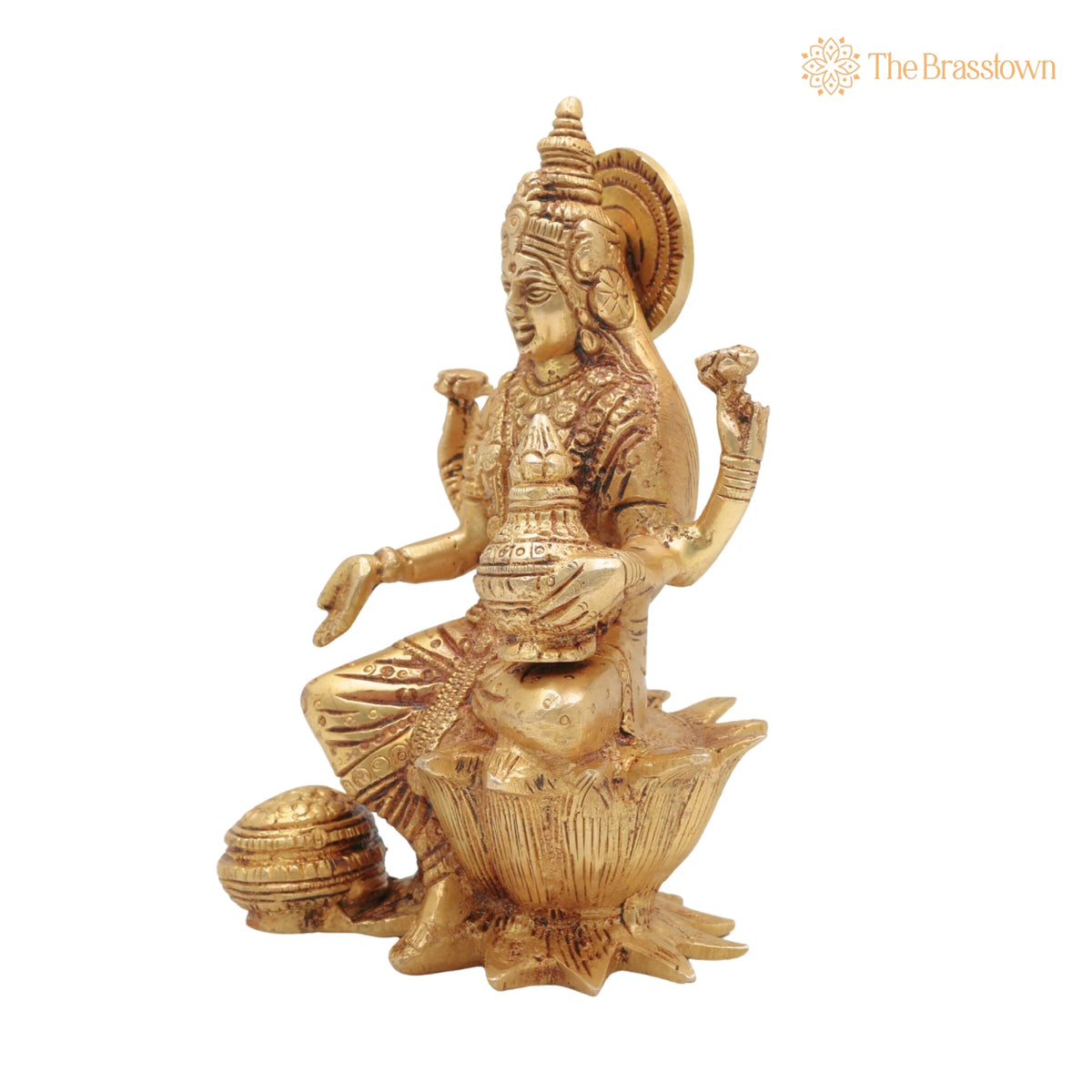Brass Lakshmi Mata Idol – Handcrafted Maha Laxmi Ji Murti Sitting on Lotus for Home Temple, Pooja Décor, and Spiritual Vigraha 7 Inch 3