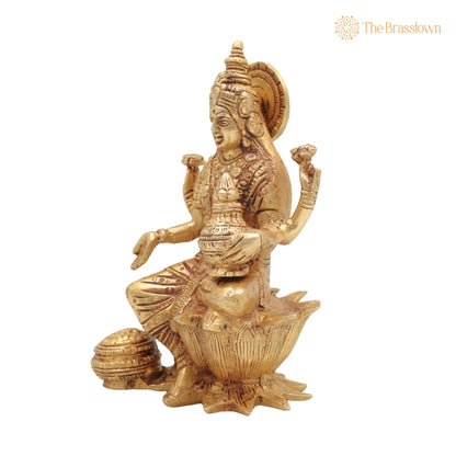 Brass Lakshmi Mata Idol – Handcrafted Maha Laxmi Ji Murti Sitting on Lotus for Home Temple, Pooja Décor, and Spiritual Vigraha 7 Inch 3