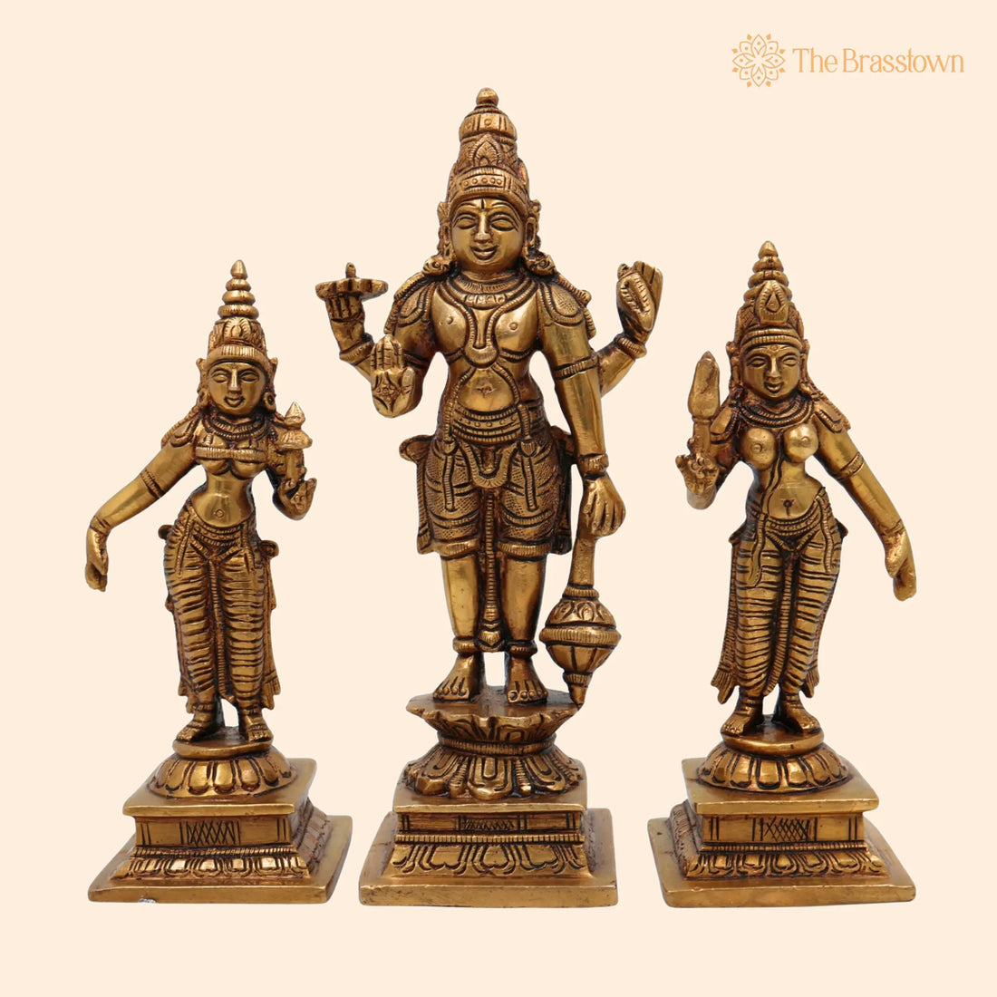 Brass Vishnu with Sridevi Bhudevi Idol – Handcrafted Brass Statue for Puja, Home Mandir &amp; Décor 7 Inch 1