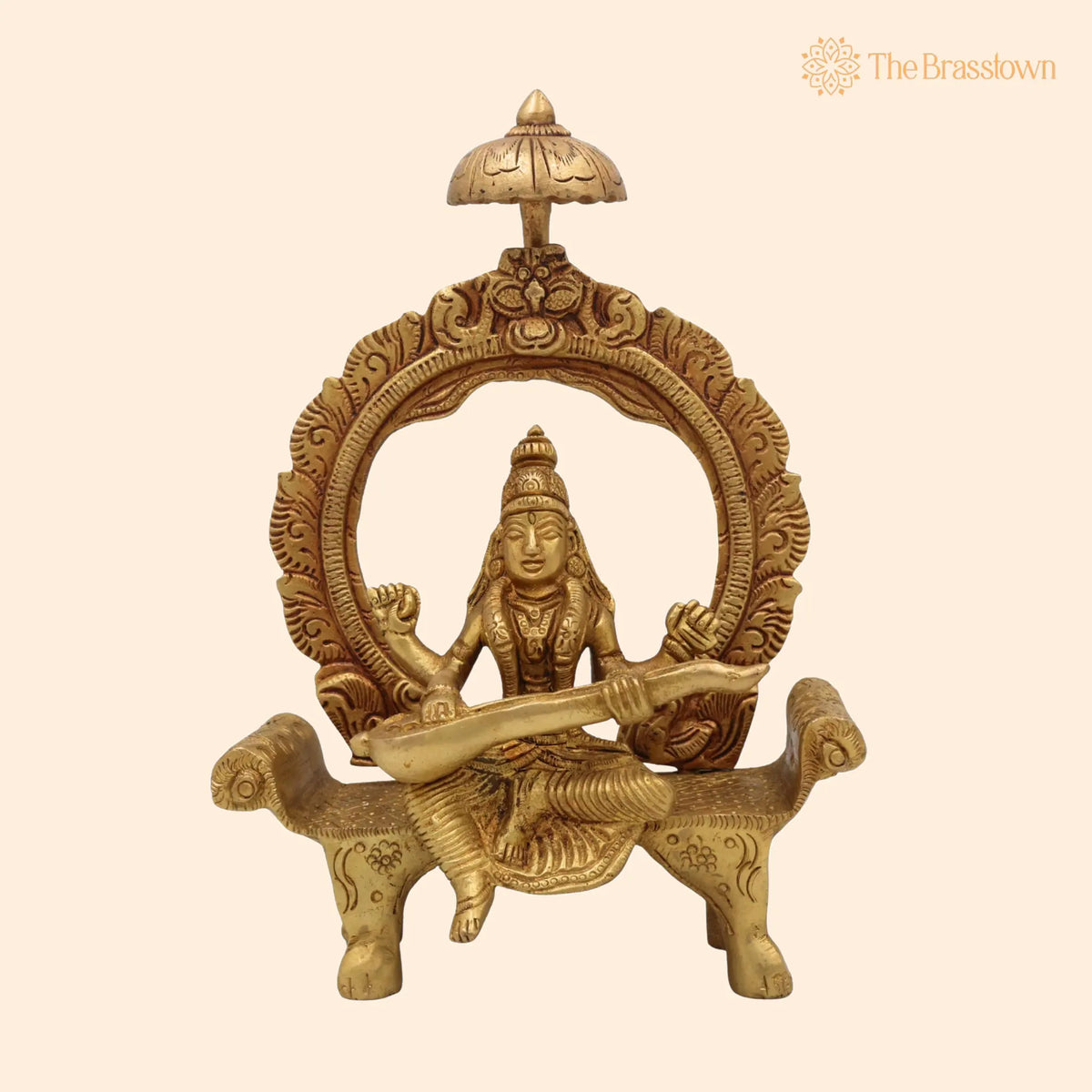 Brass Saraswati Idol – Handcrafted Peetal Sharada Devi Statue Vani Vagdevi Murti for Pooja Room Home Temple Décor 8 Inch 1