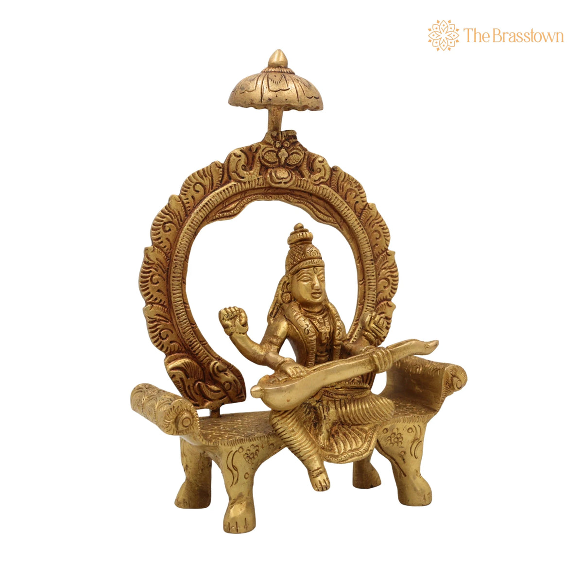Brass Saraswati Idol – Handcrafted Peetal Sharada Devi Statue Vani Vagdevi Murti for Pooja Room Home Temple Décor 8 Inch 2