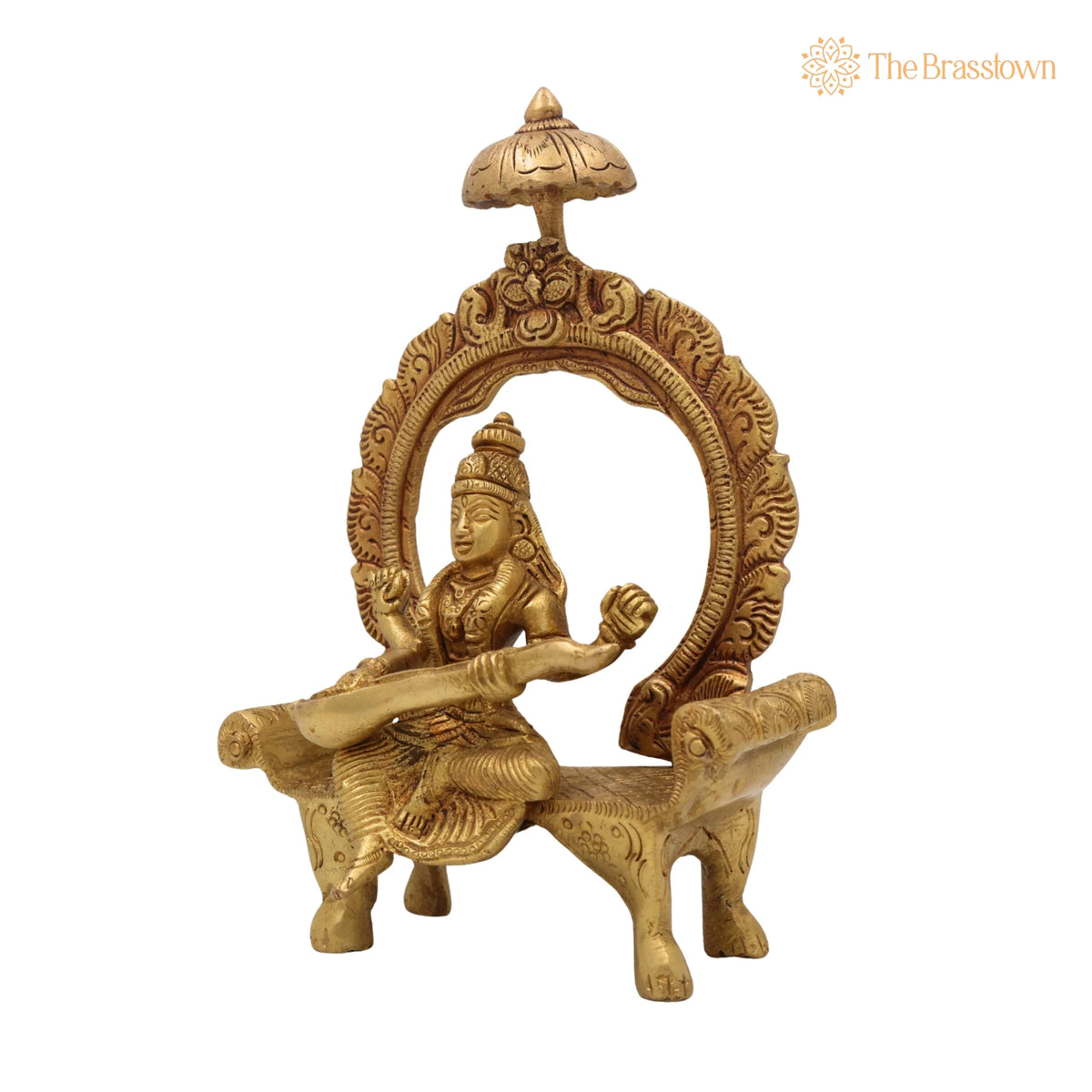 Brass Saraswati Idol – Handcrafted Peetal Sharada Devi Statue Vani Vagdevi Murti for Pooja Room Home Temple Décor 8 Inch 3