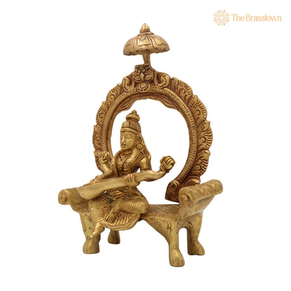 Brass Saraswati Idol – Handcrafted Peetal Sharada Devi Statue Vani Vagdevi Murti for Pooja Room Home Temple Décor 8 Inch 3