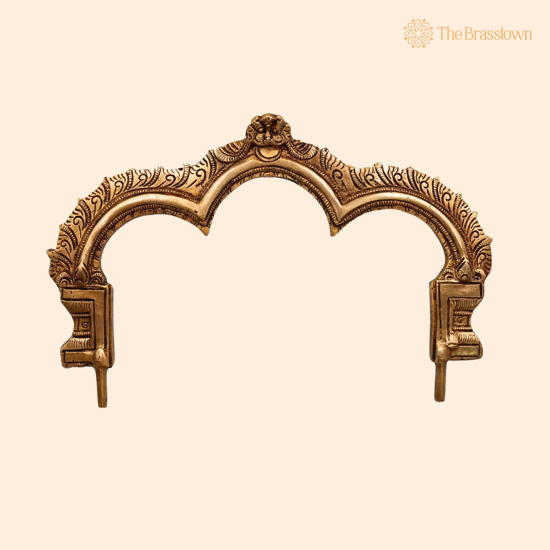 Brass Prabhavali Arch Frame for Three Deities – Handcrafted Kirtimukha Tiruvachi Prabhawali Wall Hanging for Temple &amp; Home Décor 6.5 Inch 1
