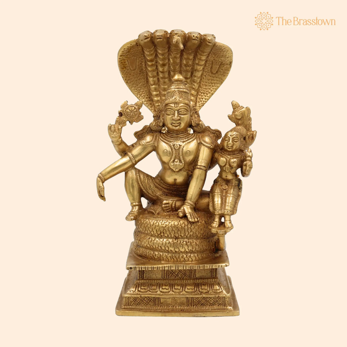 Brass Vishnu Lakshmi Idol on Adishesha – Handcrafted Lakshmi Narayan Sculpture, Peetal/Pittal Murti for Home Pooja 8.5 Inch 1