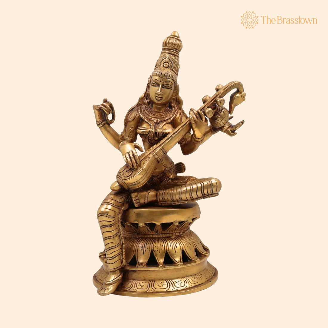 Brass Saraswati Idol Murti – Handcrafted Maa Sharada Vagdevi Statue, Veena Pustak Dharini Murti, Hindu Goddess of Knowledge, Wisdom &amp; Learning 13 Inch 1