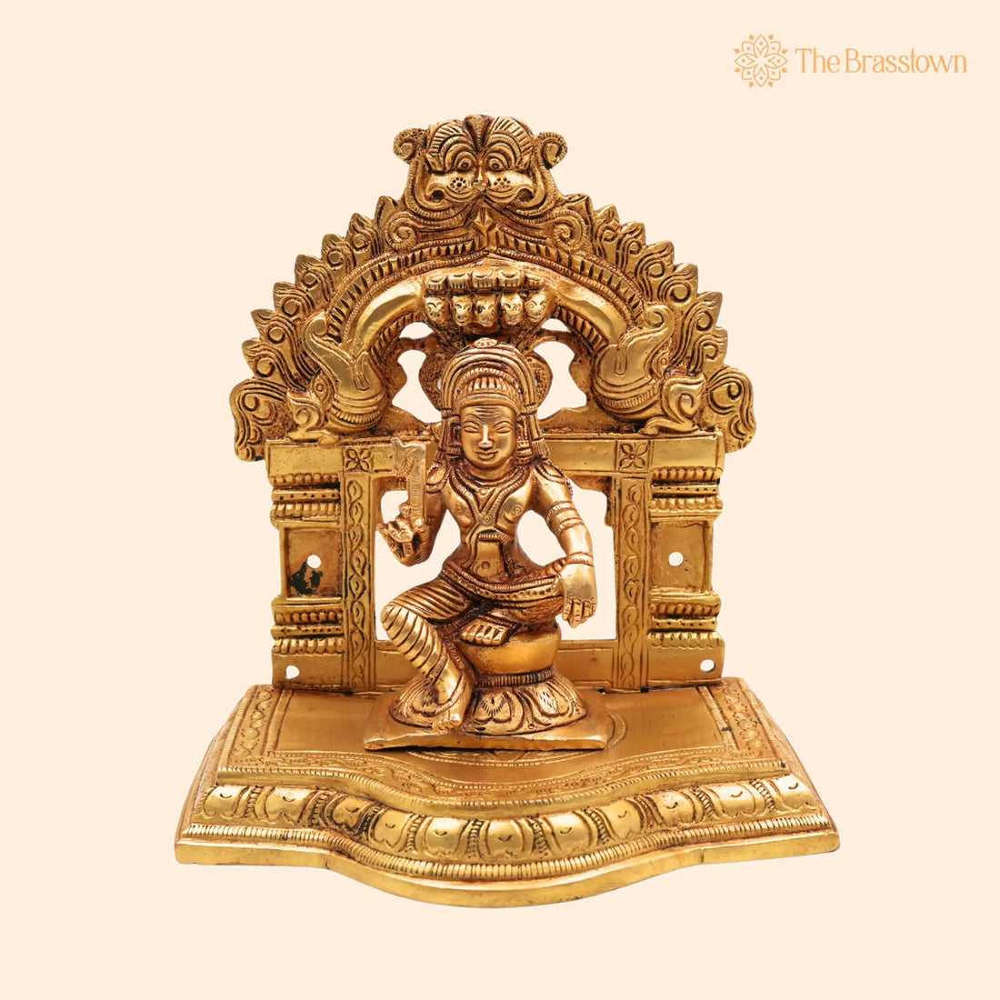 Brass Aiyanar Idol with Peetam &amp; Prabhavali – Handcrafted Tamil Village Guardian God for Puja, Home Mandir &amp; Décor 7 Inch 1