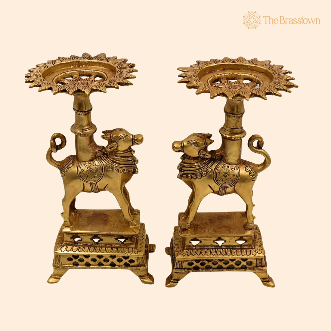 Brass Nandhi Stand Set of 2 – Handcrafted Traditional Nandi Ox Deep Holder, Dhoop Dani, Diya &amp; Candle Stand for Pooja Room, Temple Décor 8.5 Inch 1