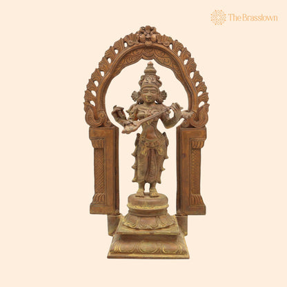 Handmade Bronze Saraswati Idol – Panchaloha Goddess Statue Sharada, Vani, Veena Pustak Dharini Murti for Home 11 Inch 1