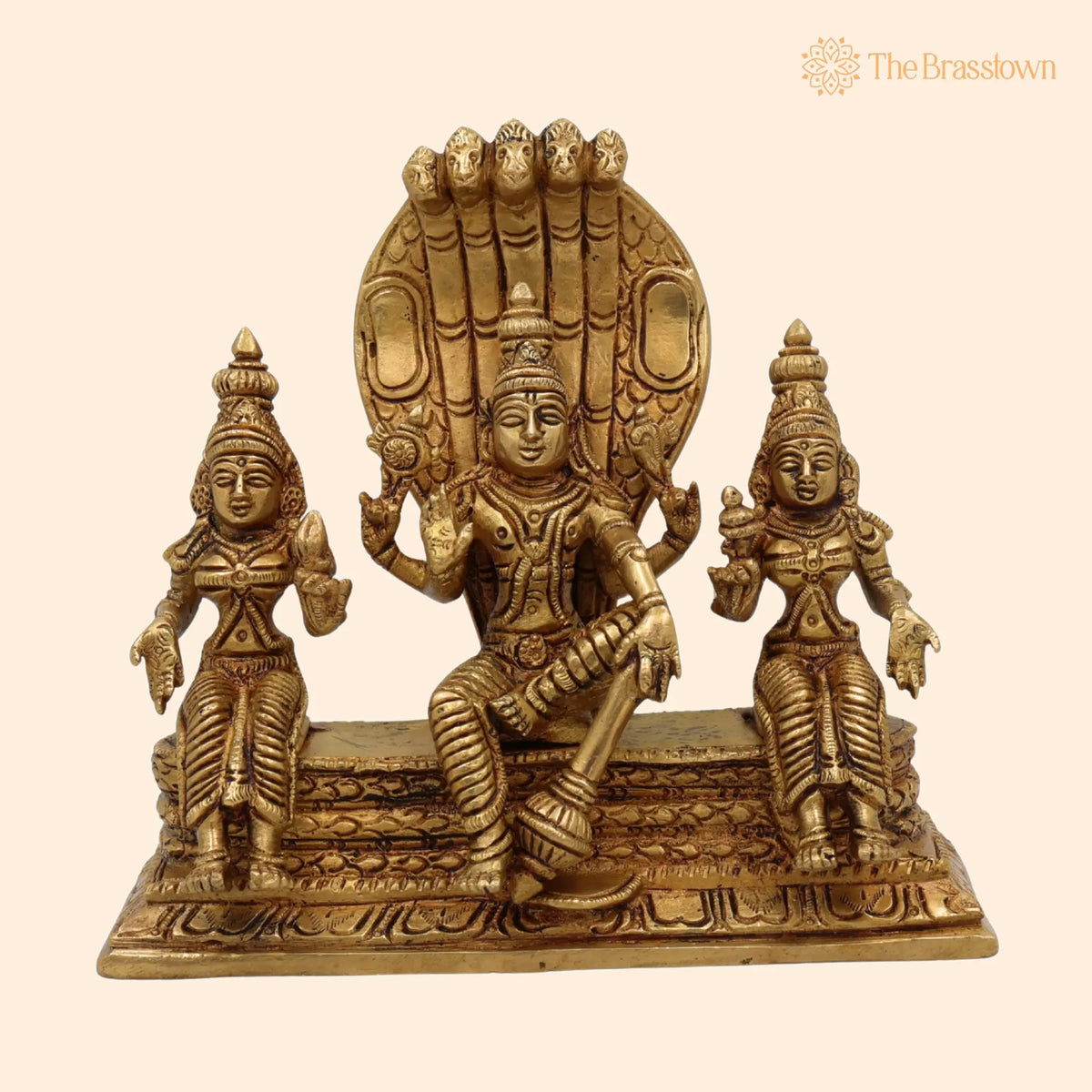 Brass Vishnu with Sridevi Bhudevi and Naga Idol – Handcrafted Vishnu Sridevi Bhudevi Murti, Narayana Venkateswara Brass Statue 6.5 Inch 1
