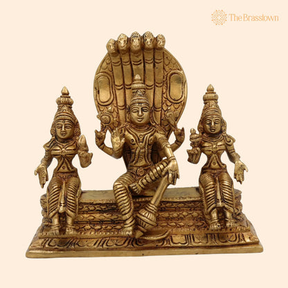 Brass Vishnu with Sridevi Bhudevi and Naga Idol – Handcrafted Vishnu Sridevi Bhudevi Murti, Narayana Venkateswara Brass Statue 6.5 Inch 1