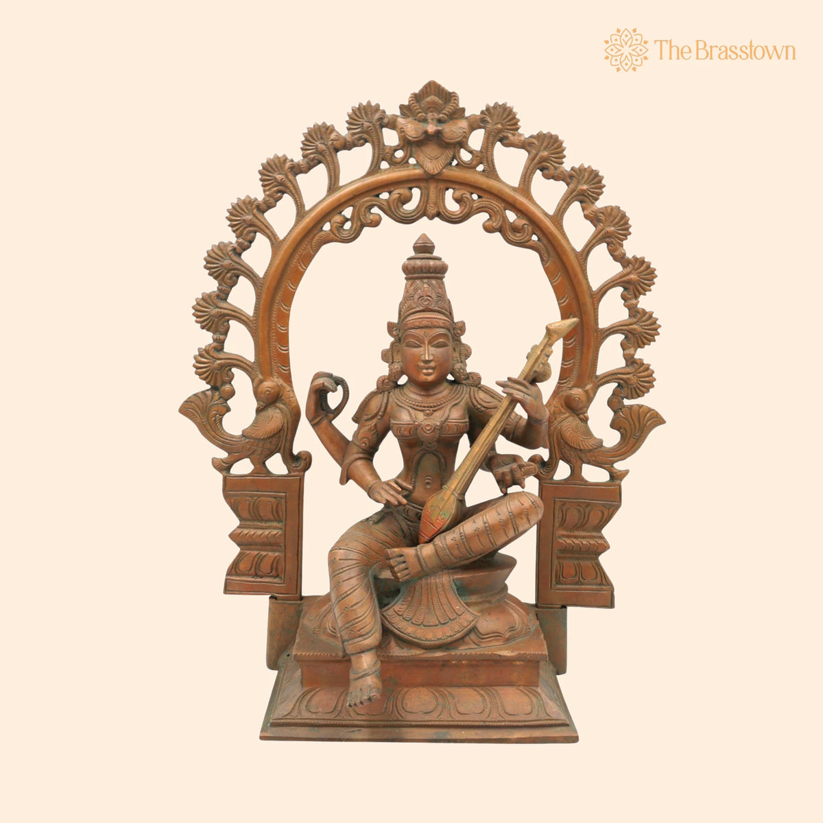 Bronze Saraswati Idol – Panchaloha Sculpture, Handmade Sharada Vani Veena Pustak Dharini Murti for Puja, Home Mandir &amp; Décor 15 Inch 1