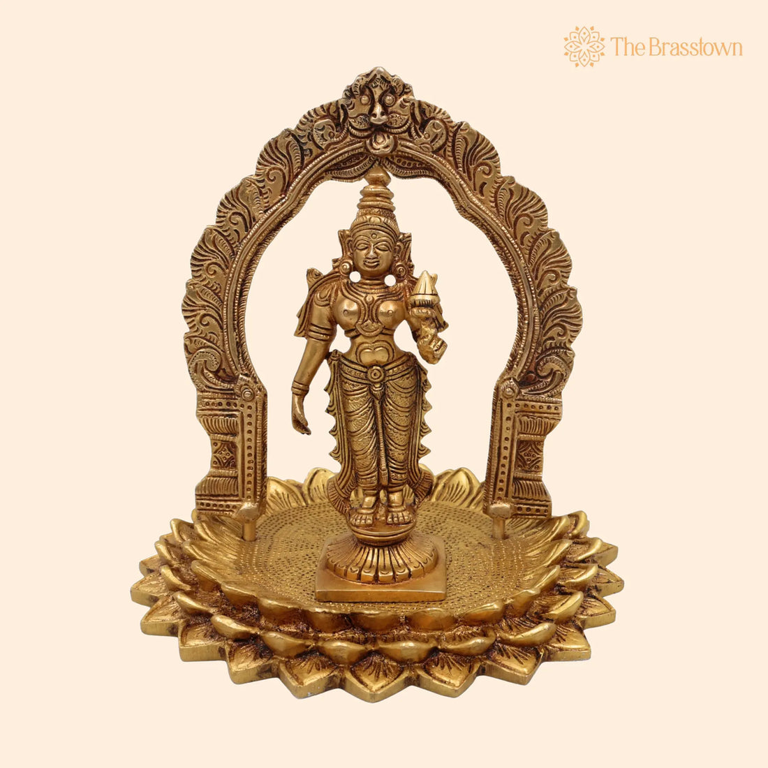 Handcrafted Brass Mahalakshmi Idol Standing on Lotus with Prabhavali – Shree Lakshmi, Kamala Devi, Ashta Lakshmi Murti for Pooja 8 Inch 1