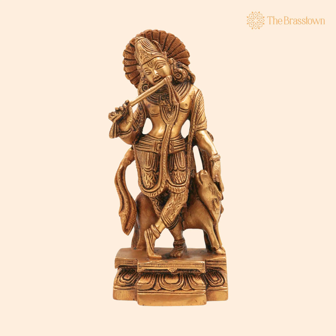 Brass Krishna with Cow Idol – Handcrafted Gopal Govinda Murti, Bal Gopal Kanha Statue for Puja, Home Mandir &amp; Décor 6.5 Inch 1