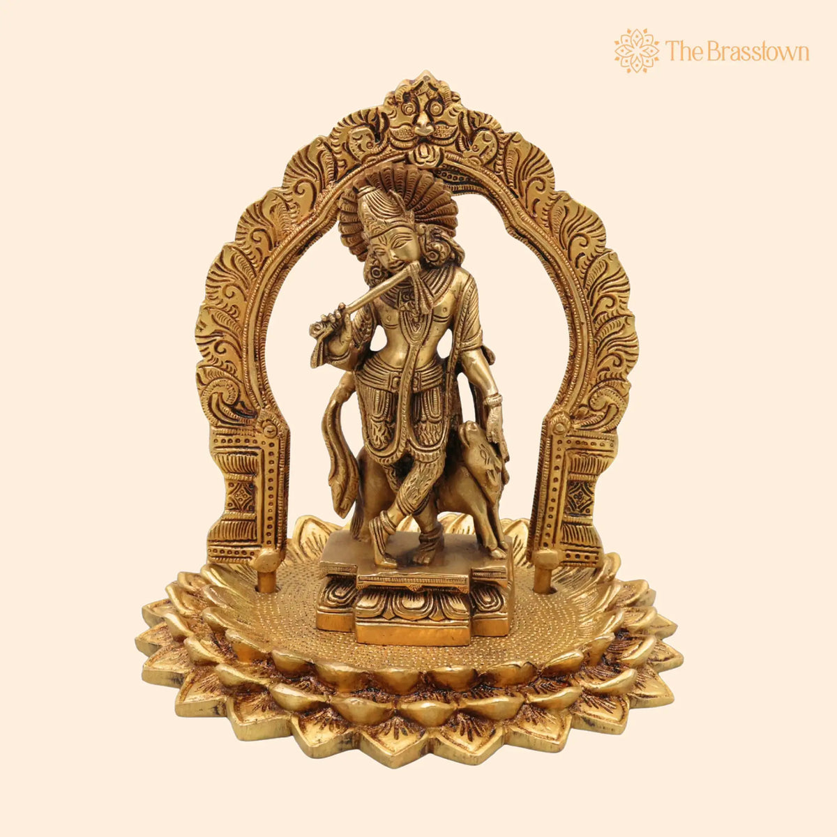 Brass Krishna Idol with Prabhavali on Lotus Chowki – Handcrafted Gopal, Balakrishna, Murli Manohar Murti for Pooja, Home Décor &amp; Temple Statue 8 Inch 1