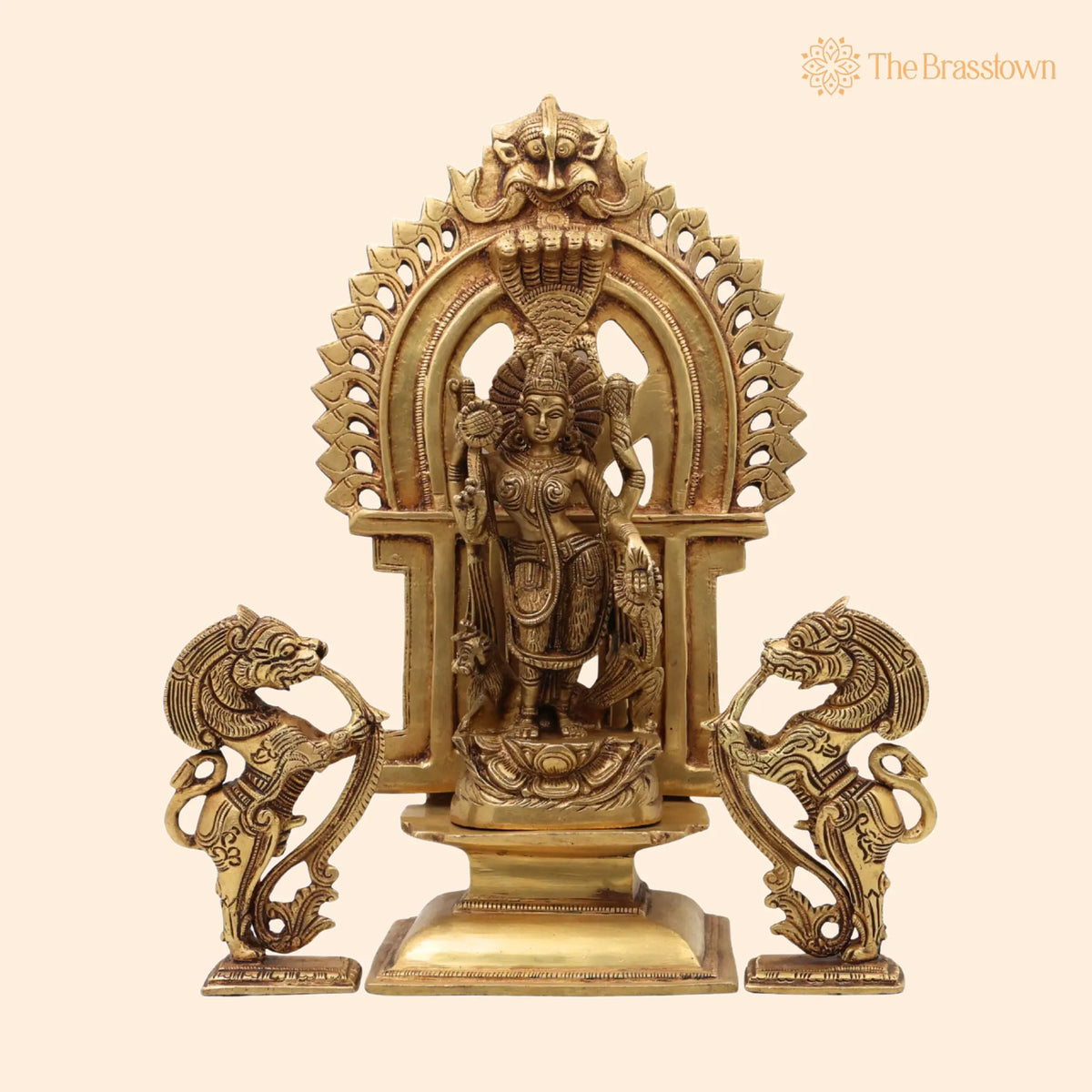 Brass Durga Devi Idol with Prabhavali &amp; Lion Yali – Handcrafted Mahishasura Mardini, Simhavahini Shakti, Maa Bhavani Murti for Home 11.5 Inch 1