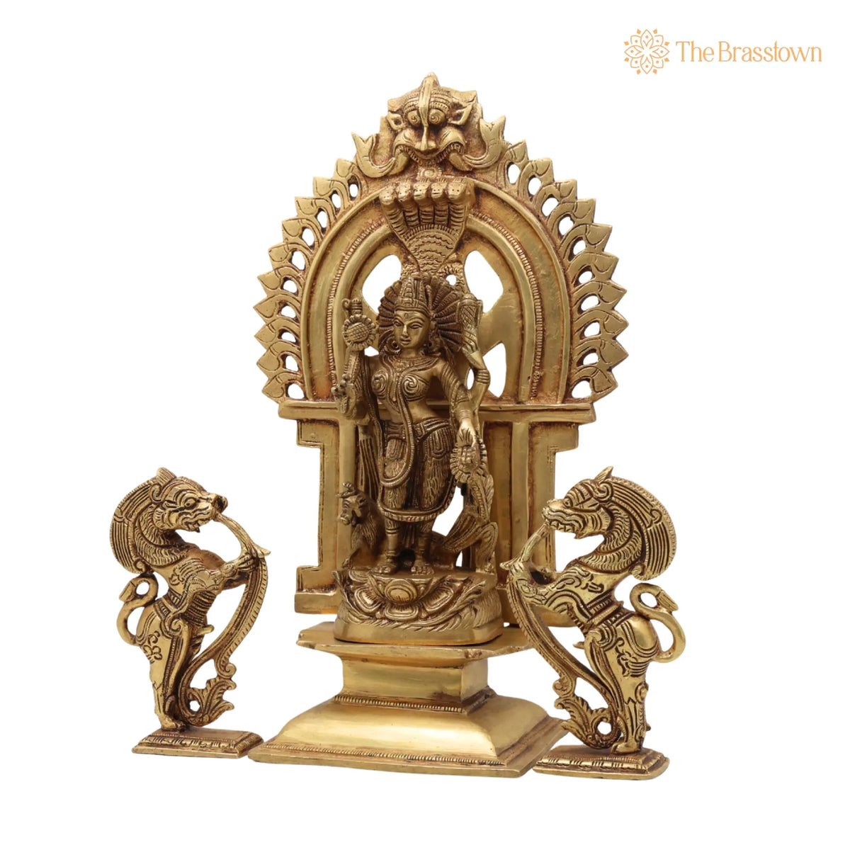 Brass Durga Devi Idol with Prabhavali &amp; Lion Yali – Handcrafted Mahishasura Mardini, Simhavahini Shakti, Maa Bhavani Murti for Home 11.5 Inch 3