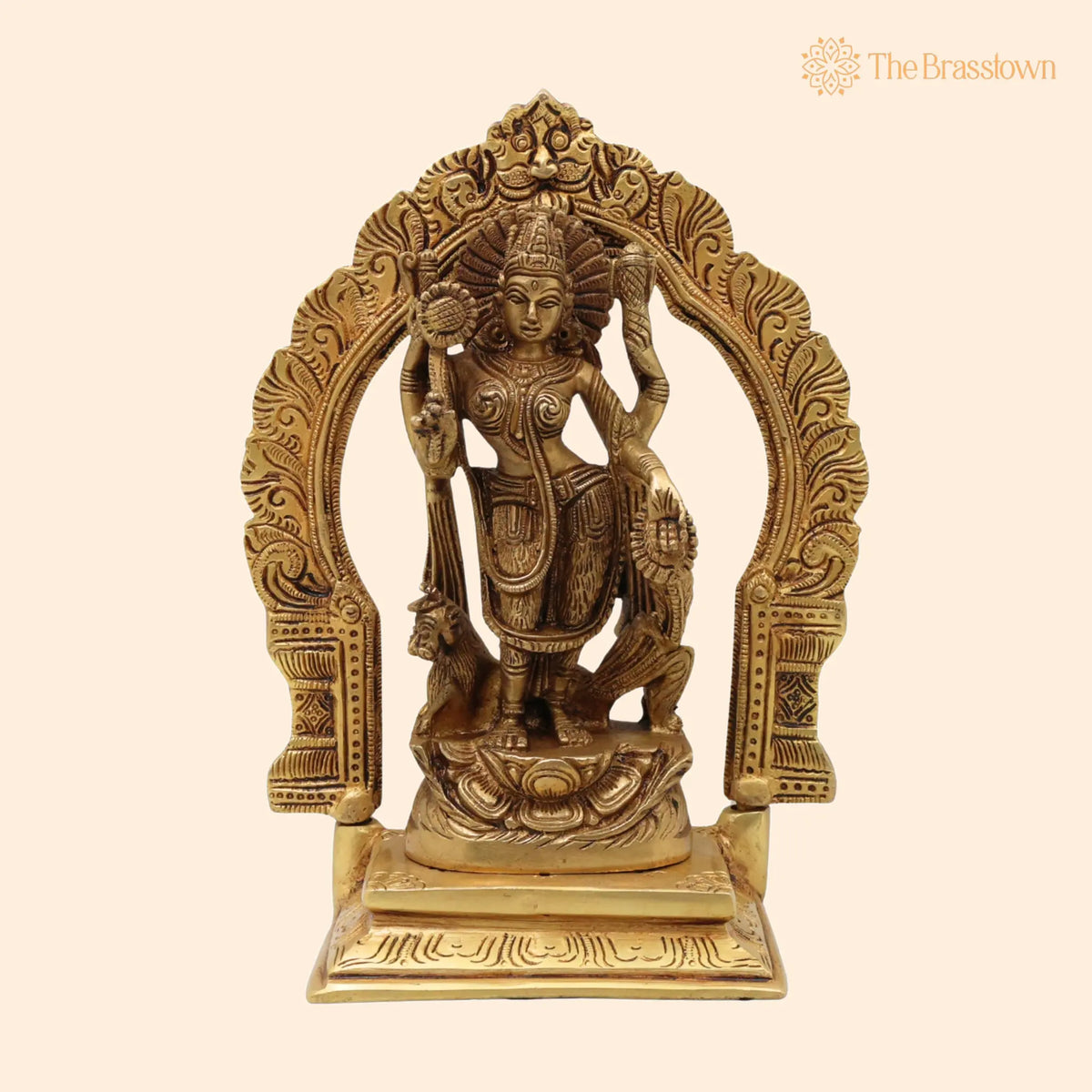 Brass Durga Maa Idol – Sherawali Mata Statue, Handmade Devi Murti with Prabhavali &amp; Base for Puja, Home Mandir &amp; Décor 8 Inch 1