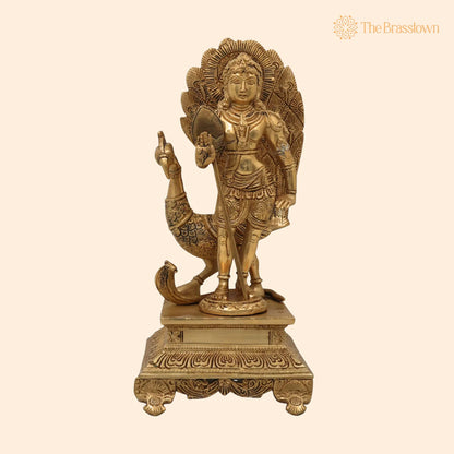 Brass Lord Murugan Idol with Peacock &amp; Vel – Handcrafted Kartikeya Subramanya Skanda Shanmukha Statue for Pooja, Home Temple &amp; Gifts 13.5 Inch 1