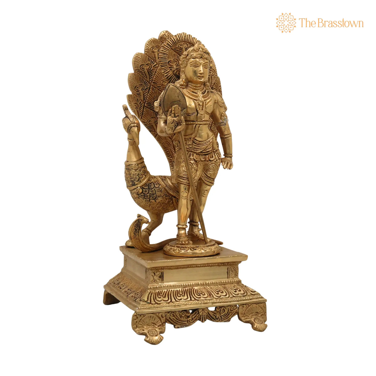 Brass Lord Murugan Idol with Peacock &amp; Vel – Handcrafted Kartikeya Subramanya Skanda Shanmukha Statue for Pooja, Home Temple &amp; Gifts 13.5 Inch 2