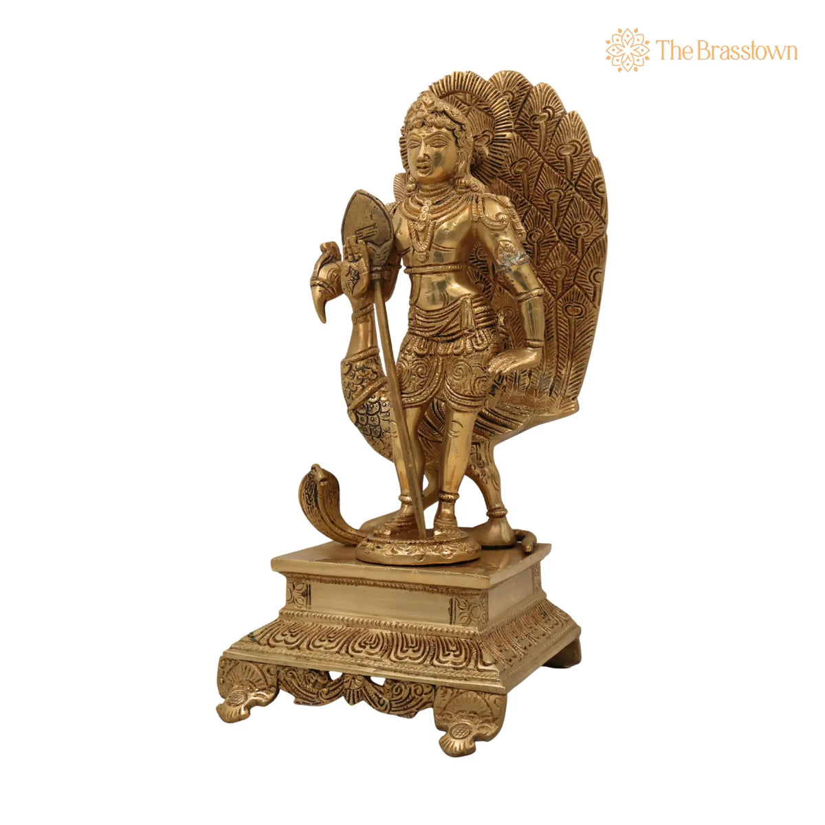 Brass Lord Murugan Idol with Peacock &amp; Vel – Handcrafted Kartikeya Subramanya Skanda Shanmukha Statue for Pooja, Home Temple &amp; Gifts 13.5 Inch 3