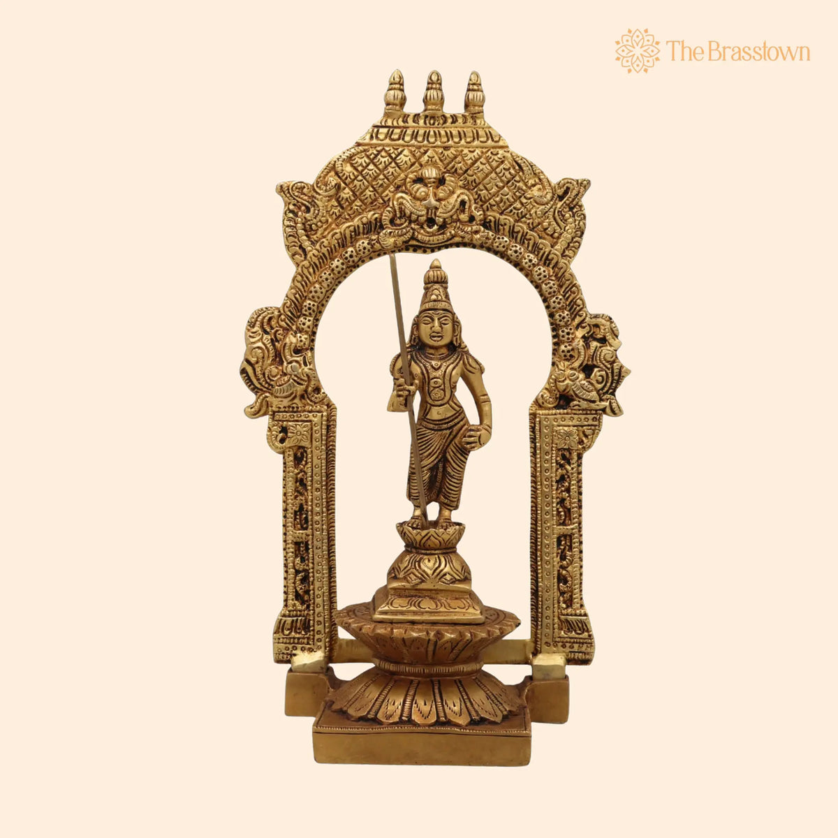 Brass Murugan Idol with Prabhavali – Handcrafted Kartikeya Subramanya Skanda Shanmuga Velan Statue for Home Temple, Pooja &amp; Décor 10.5 Inch 1