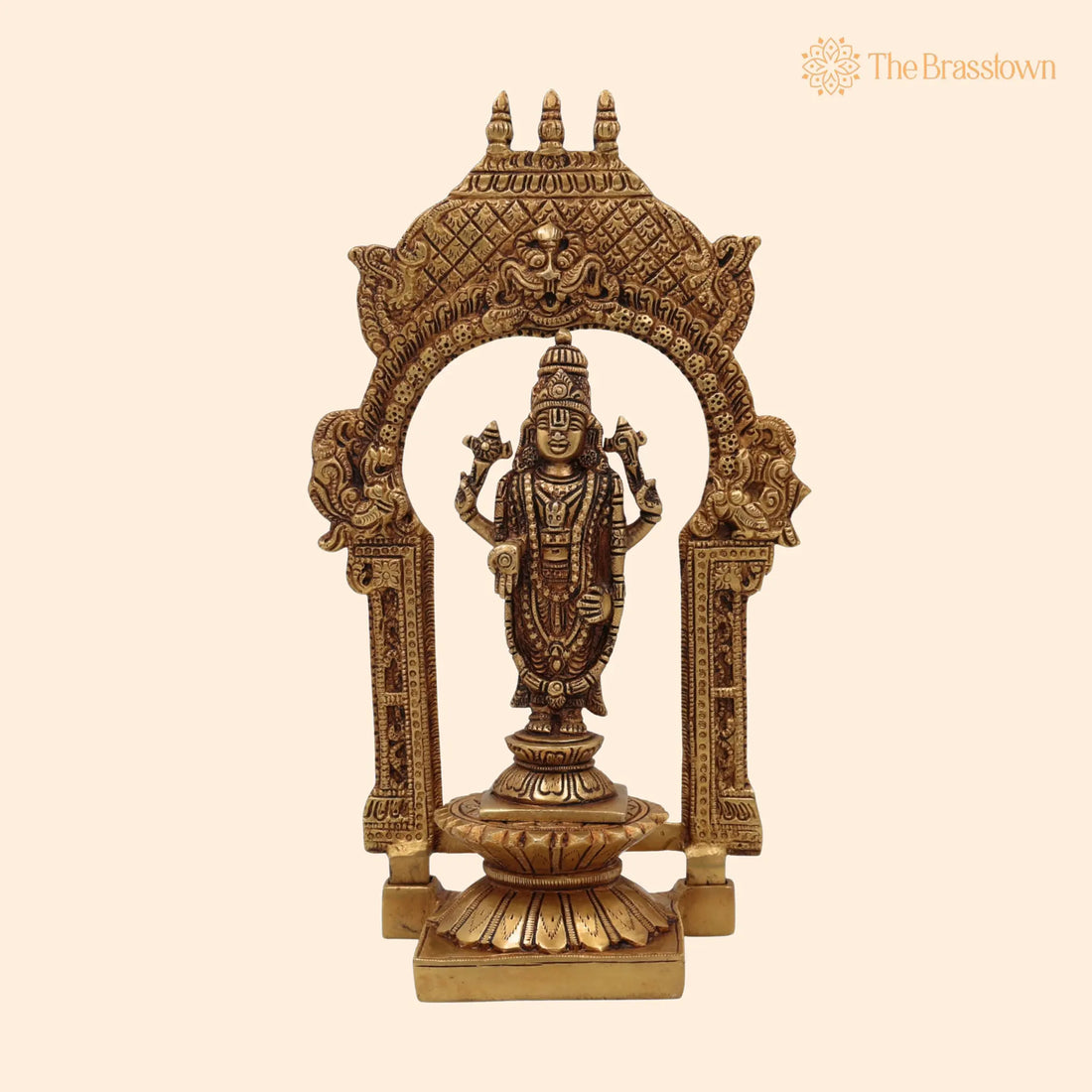 Brass Vishnu Idol with Temple Style Prabhavali Peetam – Handcrafted Narayana Murti, Pooja, Gifts &amp; Spiritual Display 10.5 Inch 1