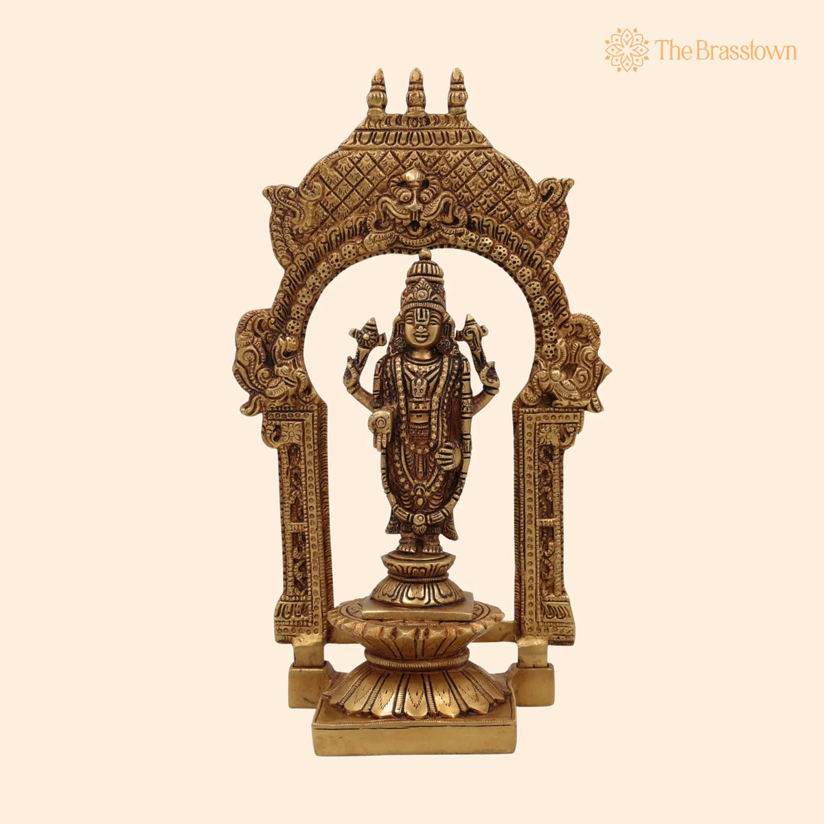 Brass Vishnu Idol with Temple Style Prabhavali Peetam – Handcrafted Narayana Murti, Pooja, Gifts &amp; Spiritual Display 10.5 Inch 1