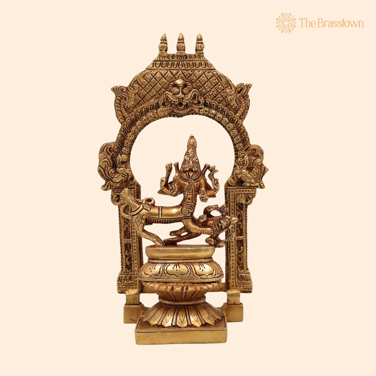 Brass Sharabha Swamy Idol with Temple Chowki &amp; Prabhavali – Handcrafted Powerful Sharabeshwara Sculpture for Home, Pooja &amp; Gifting 10.5 Inch 1