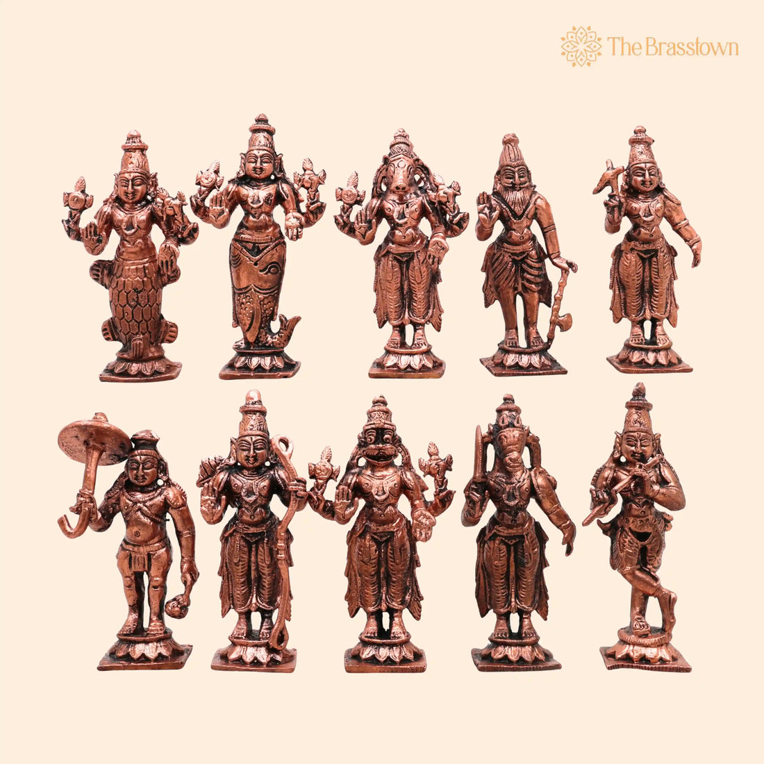 Copper Das Avatar Dashavatara Dasavatharam Of Lord Vishnu Statues – Handcrafted Ten Incarnations Avatars Idol Murti Home Puja Temple 3.5 Inch 1