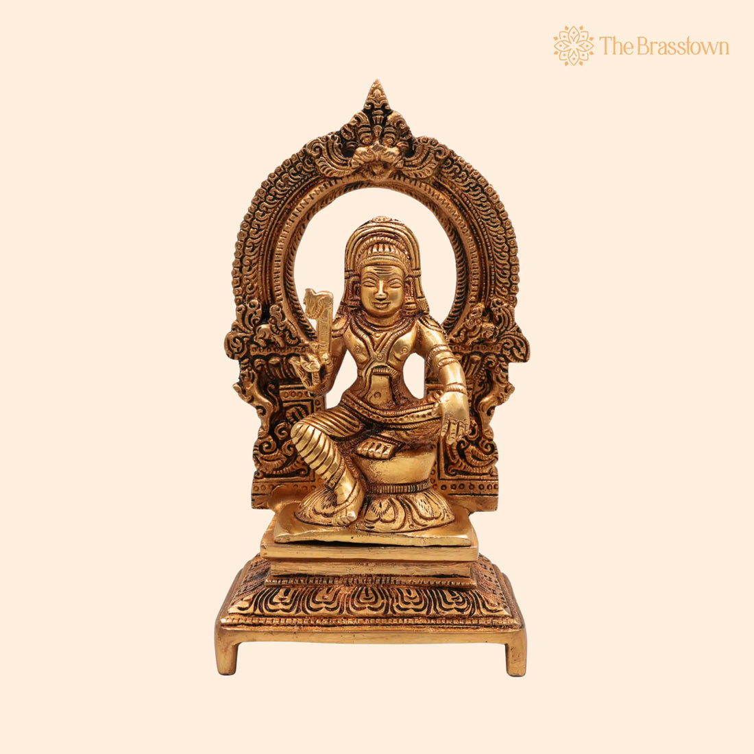 Brass Ayyanar Shasta Idol with Prabhavali &amp; Peetam – Handcrafted Tamil Village Guardian Deity, Dharma Shasta Silai, Sastha Aiyanar Statue 7 Inch 1