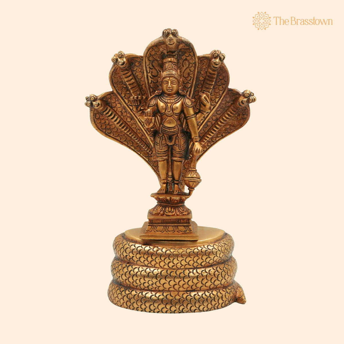 Brass Vishnu on Sheshnag Idol – Handcrafted Peetal Murti of Narayana, Temple, and Office Décor 10.5 Inch 1