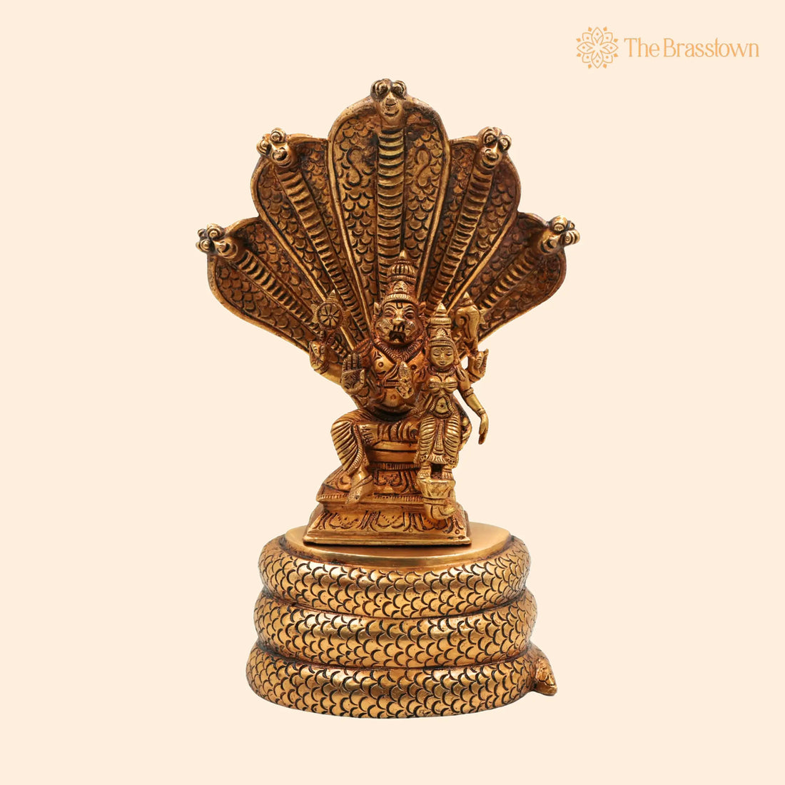 Brass lakshmi Narasimha Swamy on Sheshnag Idol – Handcrafted Lakshmi Narasimha Murti, Yoga Narasimha Vigraha, Ugra Narasimha Statue 10.5 Inch 1