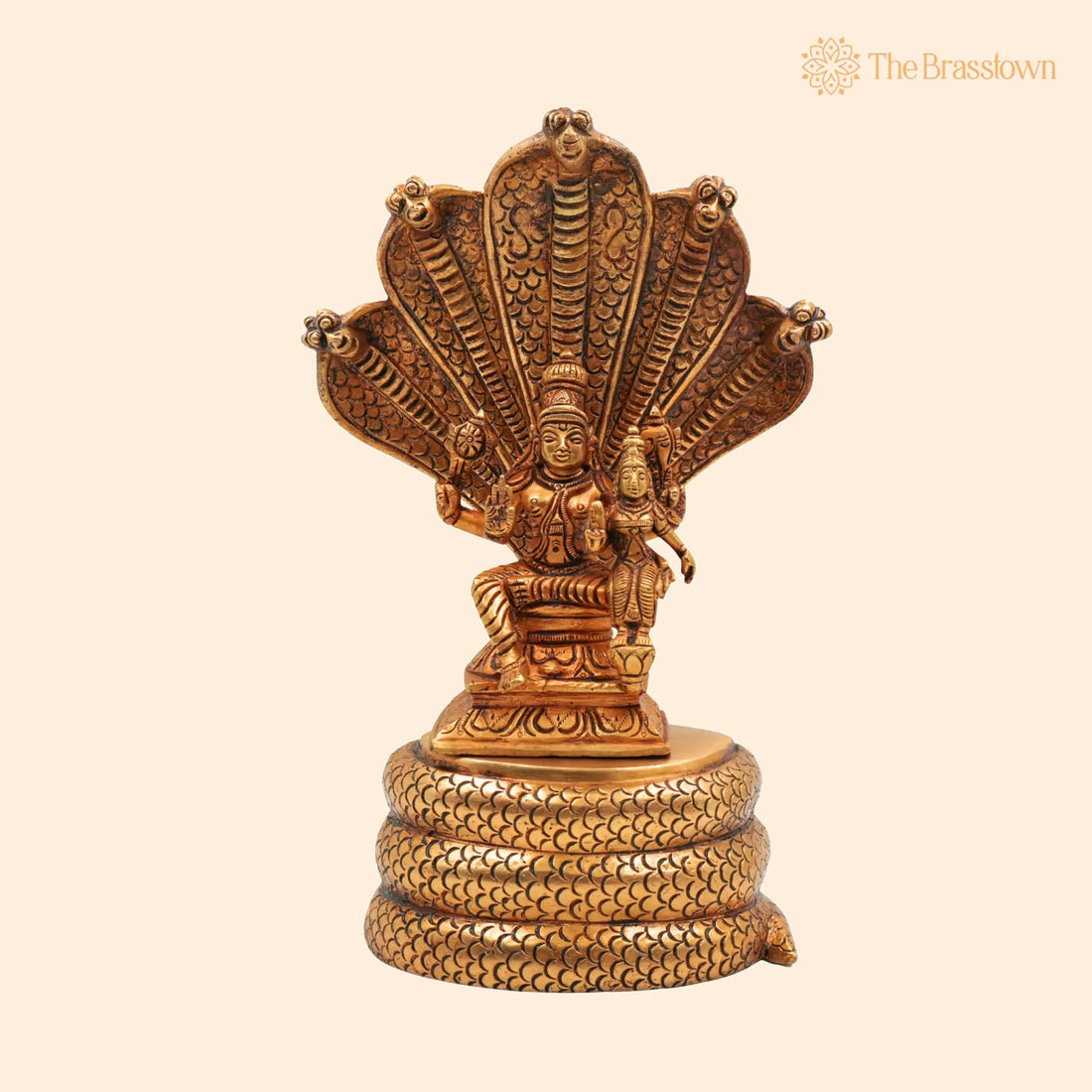 Brass Vishnu Lakshmi on Sheshnag Idol – Handcrafted Lakshmi Narayan Narayana Murti for Puja, Home Mandir &amp; Décor 10.5 Inch 1