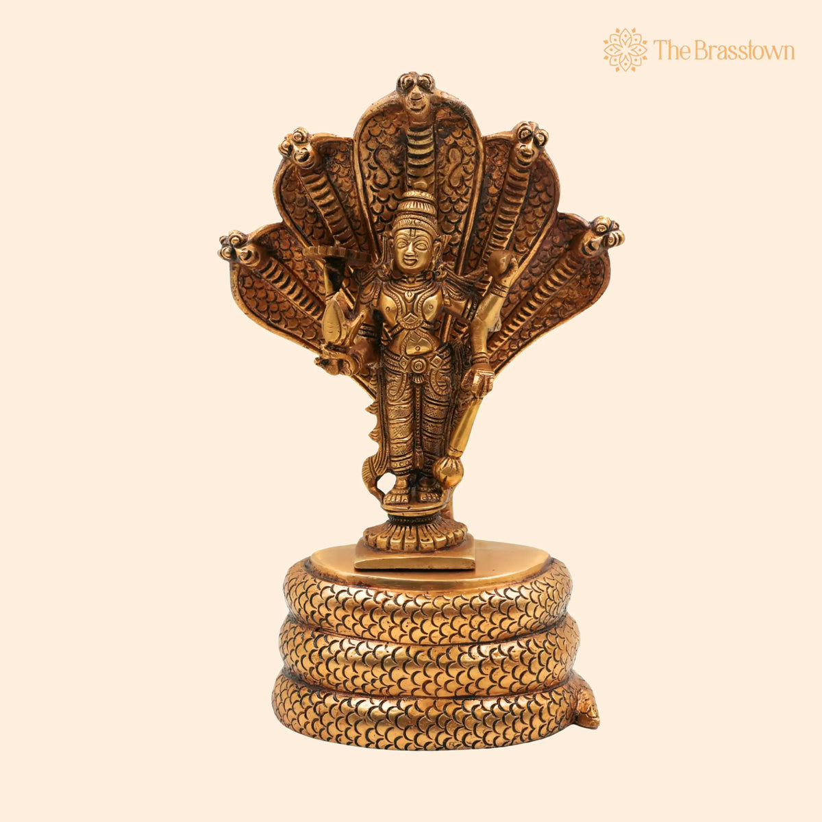 Brass Vishnu on Sheshnag Idol – Handmade Peetal Murti, Narayana Statue for Home, Temple, Puja &amp; Office Décor 10.5 Inch 1