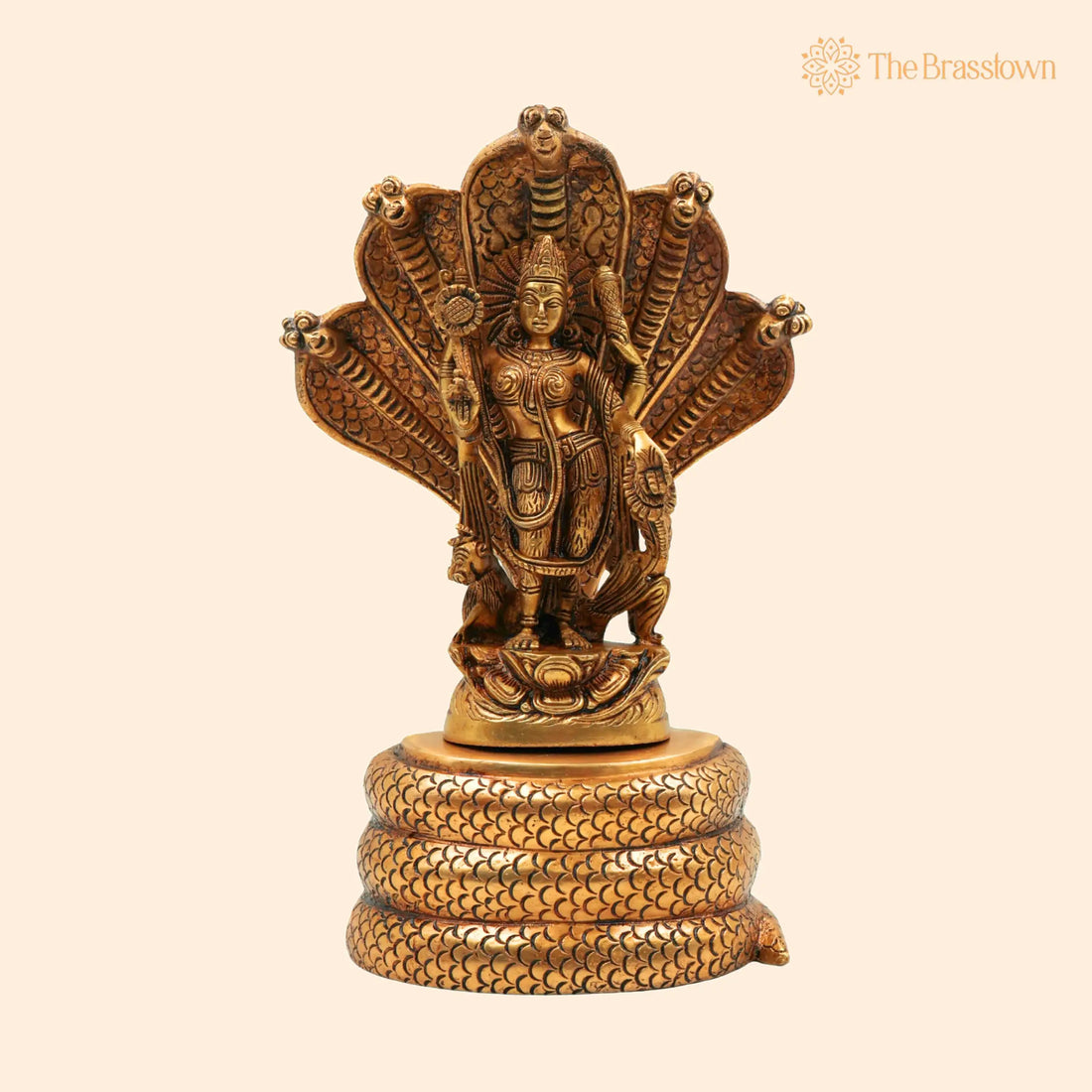 Brass Durga Devi on Sheshnag Idol – Handcrafted Sheshnag Vahini Mahishasura Mardini Murti, Naga Devi Shakti Moorthi for Puja 10.5 Inch 1