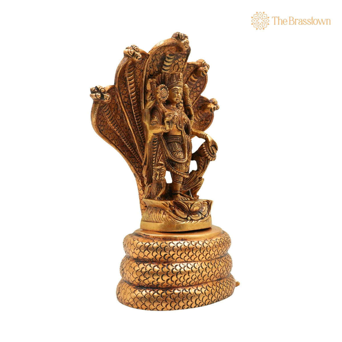 Brass Durga Devi on Sheshnag Idol – Handcrafted Sheshnag Vahini Mahishasura Mardini Murti, Naga Devi Shakti Moorthi for Puja 10.5 Inch 2
