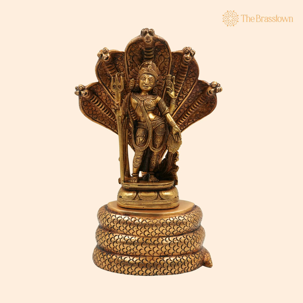 Brass Ardhanarishvara Idol On 5-Headed Sheshnag Chowki – Handcrafted Home Décor Statue, Perfect Ardhnarishwar/Ardhnari Murti 10.5 Inch 1