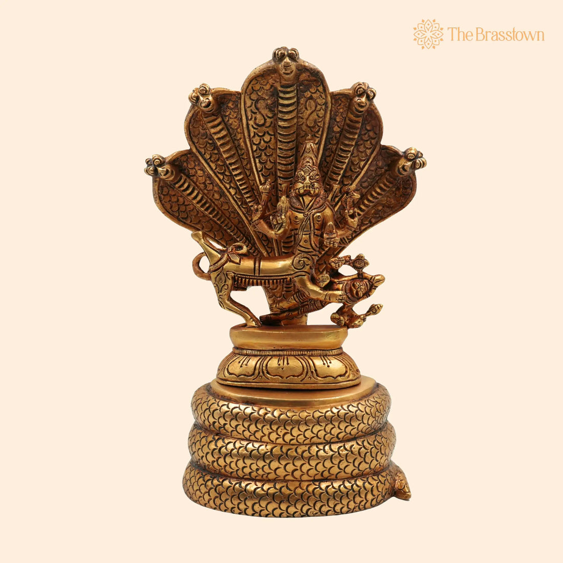 Brass Lord Sharabha Idol – Handcrafted Avatar of Lord Shiva Sharabeshwara Swamy Murti on Sheshnag Singhasan for Home Temple Décor 10.5 Inch 1