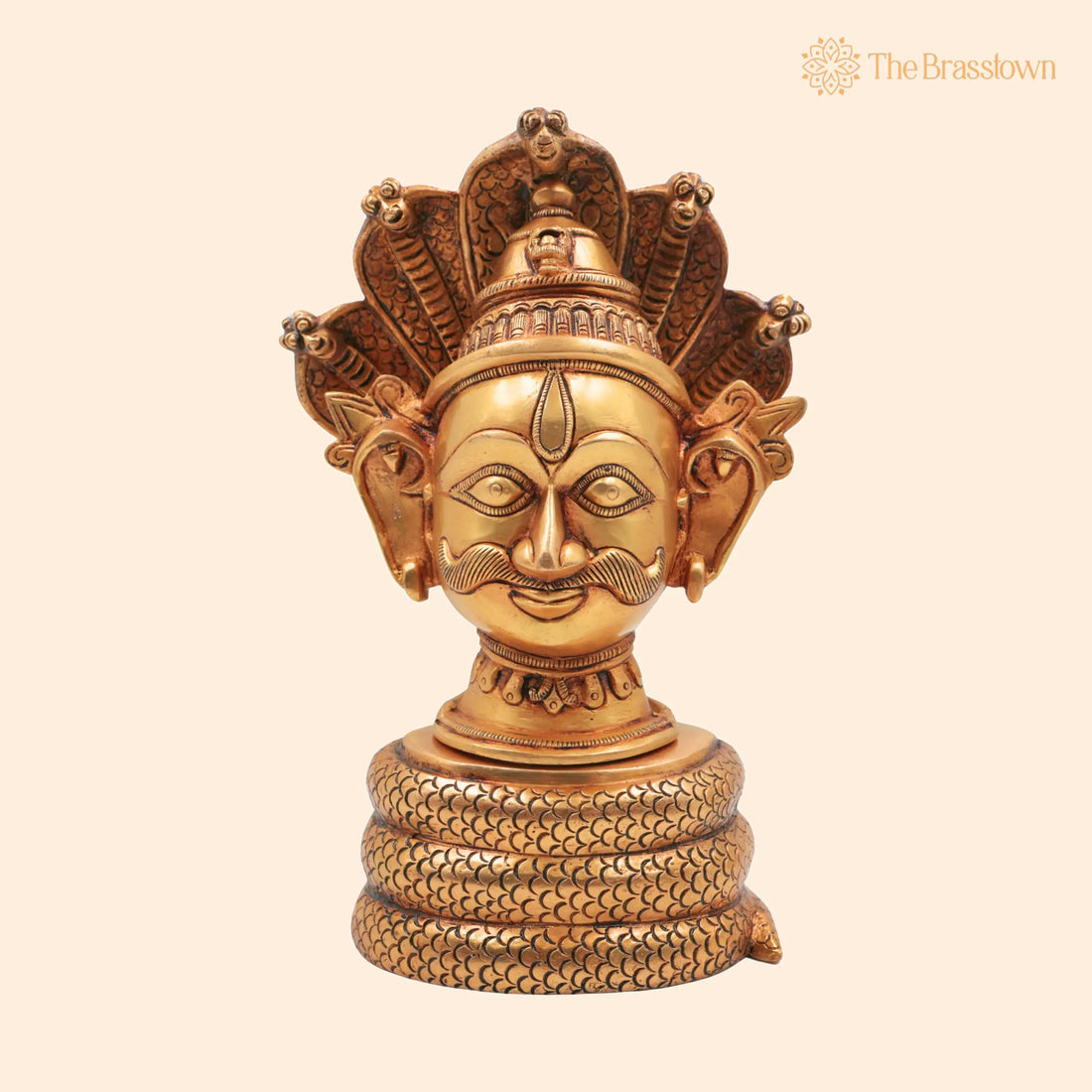 Brass Shiva Head on Sheshnag – Handcrafted Mahadev Face Idol, Bholenath Murti, Rudra Statue, Neelkanth Brass Face 10.5 Inch 1