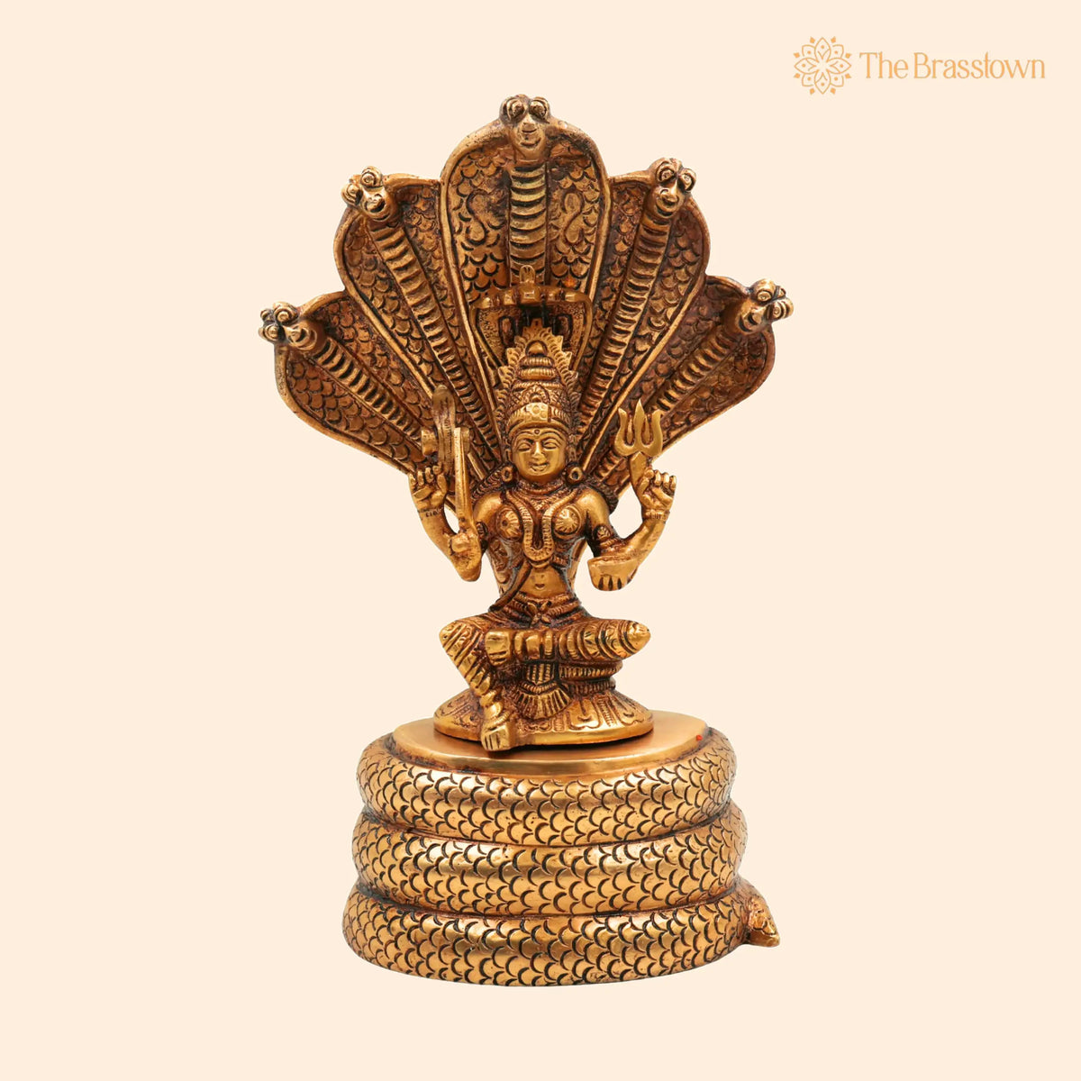Brass Goddess Mariamman Idol on Sheshnag – Handcrafted Mariamma Murti, Mariyammal Vigraha, Aadi Mariamman Statue 10.5 Inch 1