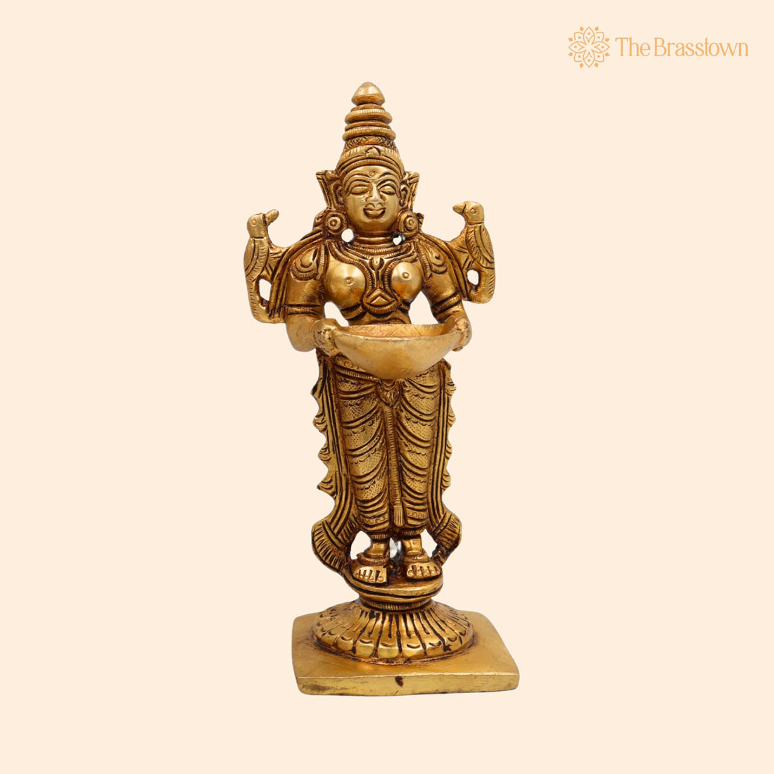 Brass Deep Lakshmi Idol – Handcrafted Standing Lakshmi with Lamps, Deeplakshmi Diya Lady Statue, Deepa Laxmi Figurine for Pooja and Décor 6 Inch 1