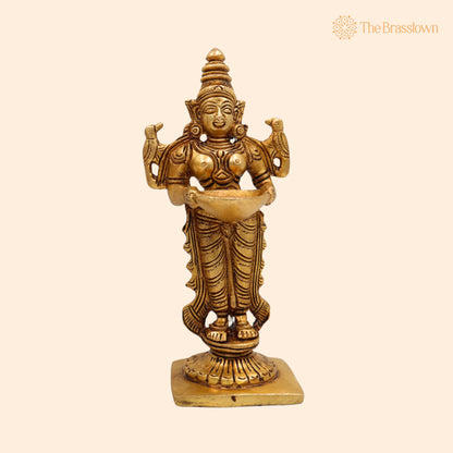 Brass Deep Lakshmi Idol – Handcrafted Standing Lakshmi with Lamps, Deeplakshmi Diya Lady Statue, Deepa Laxmi Figurine for Pooja and Décor 6 Inch 1