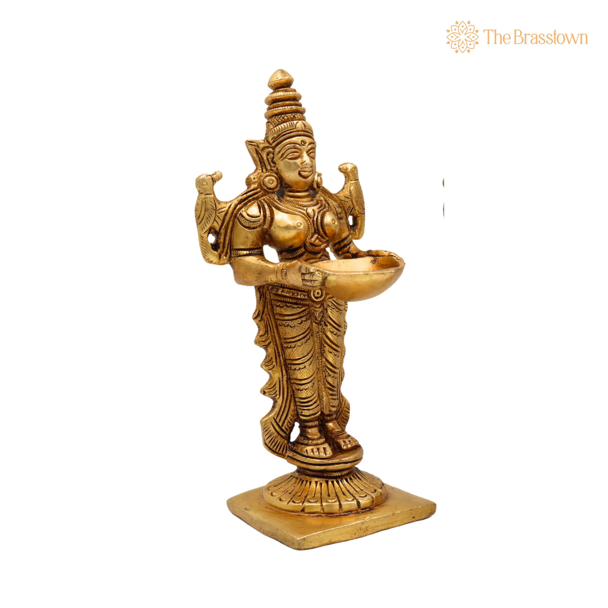Brass Deep Lakshmi Idol – Handcrafted Standing Lakshmi with Lamps, Deeplakshmi Diya Lady Statue, Deepa Laxmi Figurine for Pooja and Décor 6 Inch 3